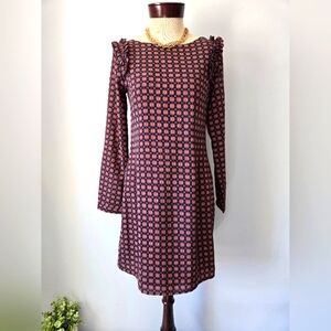 Molly Bracken Lightweight Patterned Long Sleeve Dress. Ruffled Shoulders. Small